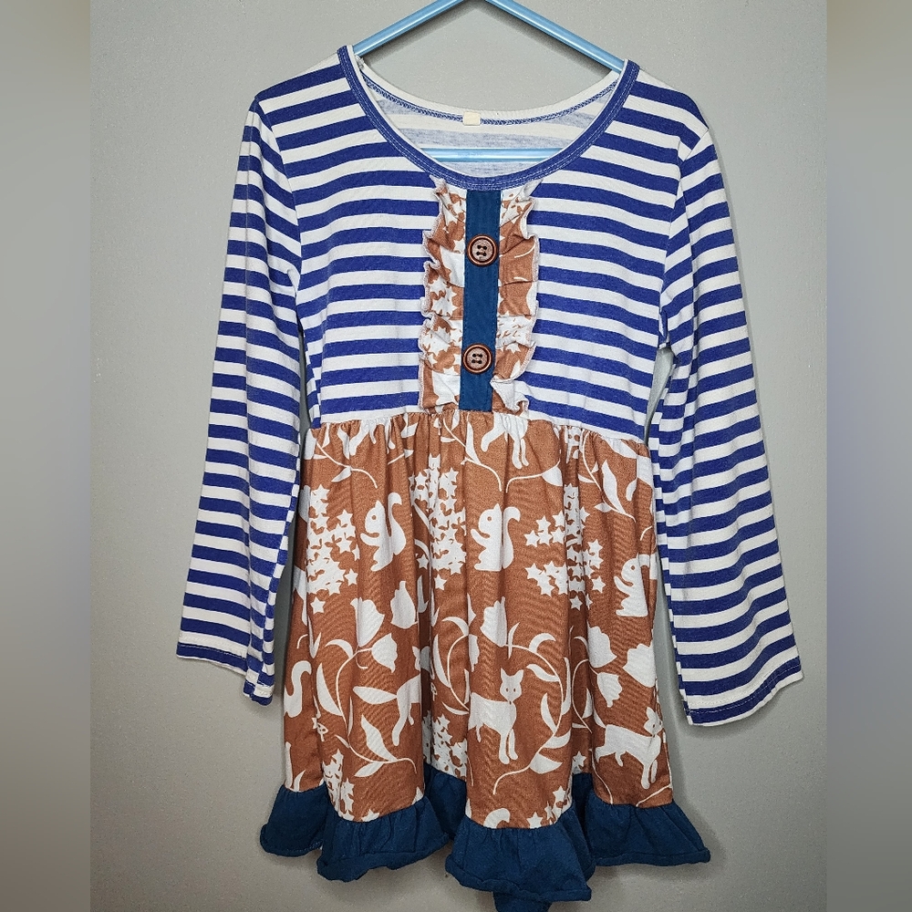 Striped Blue Brown Boutique Cat Squirrel Ruffle Dress Tunic Top 5/6T